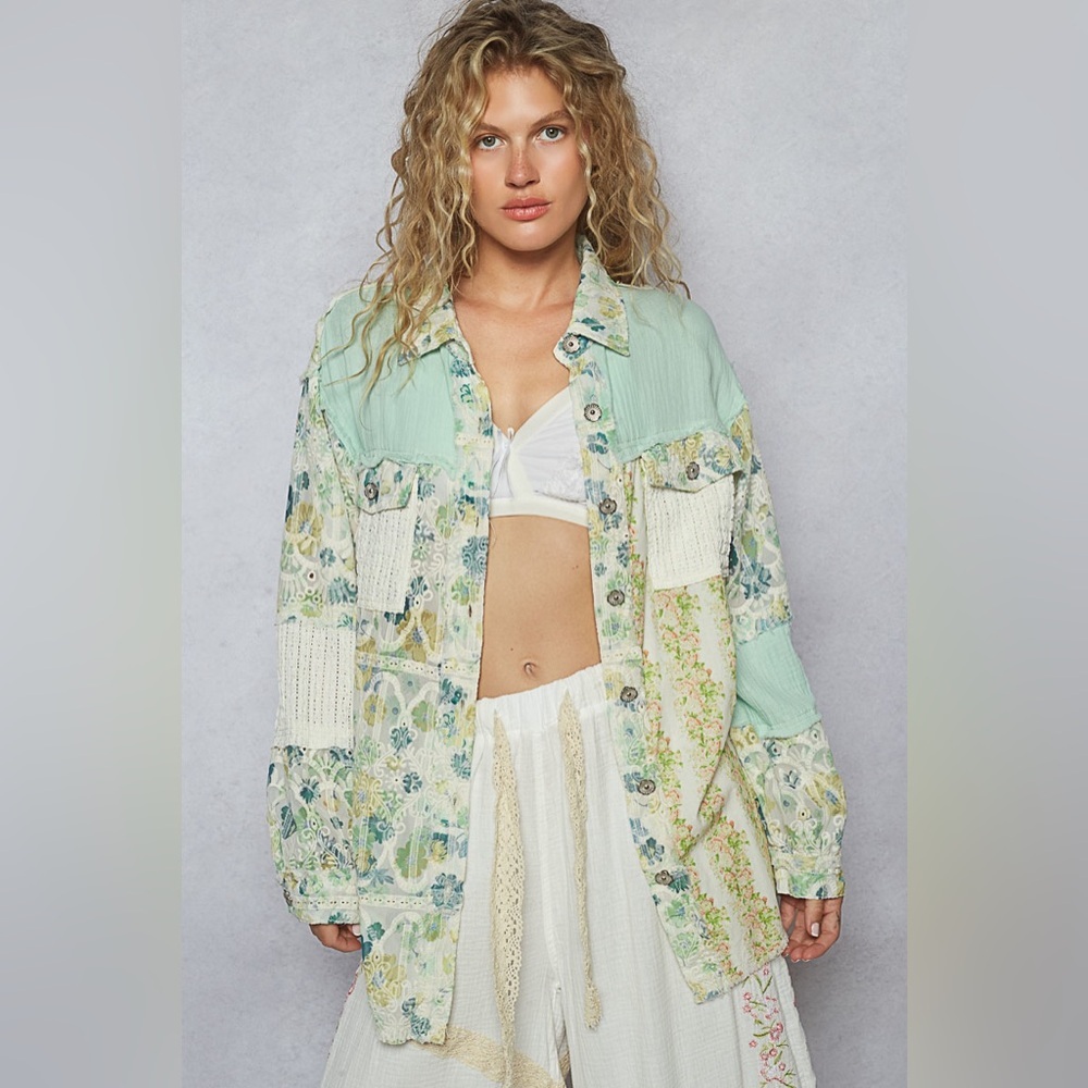 POL Mint Green Floral Patchwork Button-Down Shirt Jacket